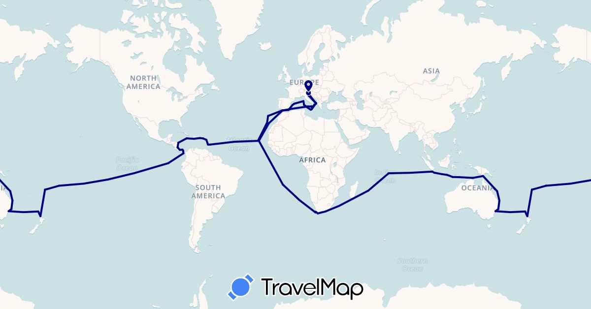 TravelMap itinerary: driving in Australia, Barbados, Cape Verde, Dominican Republic, Ecuador, Spain, Indonesia, Italy, Jamaica, Morocco, Montserrat, Mauritius, New Zealand, Panama, Portugal, Saint Helena, United States, Saint Vincent and the Grenadines, South Africa (Africa, Asia, Europe, North America, Oceania, South America)